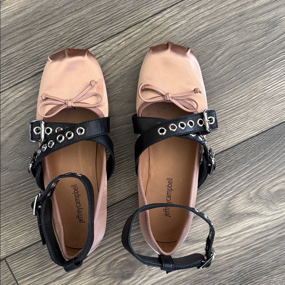 Jeffrey Campbell Choreo ballet flats in pink satin with black buckled straps. - Picture 12 of 16